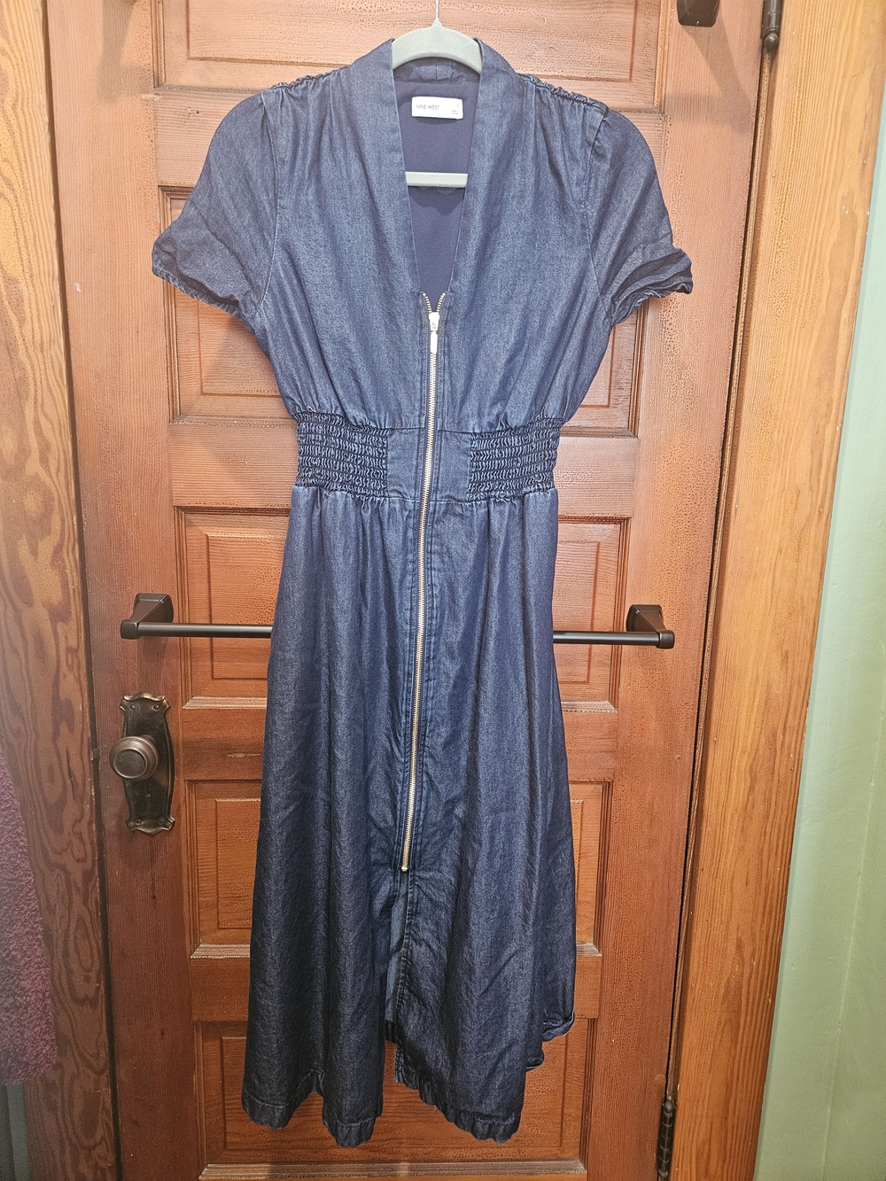 Nine West Dark Blue Denim Zip-Front Midi Dress